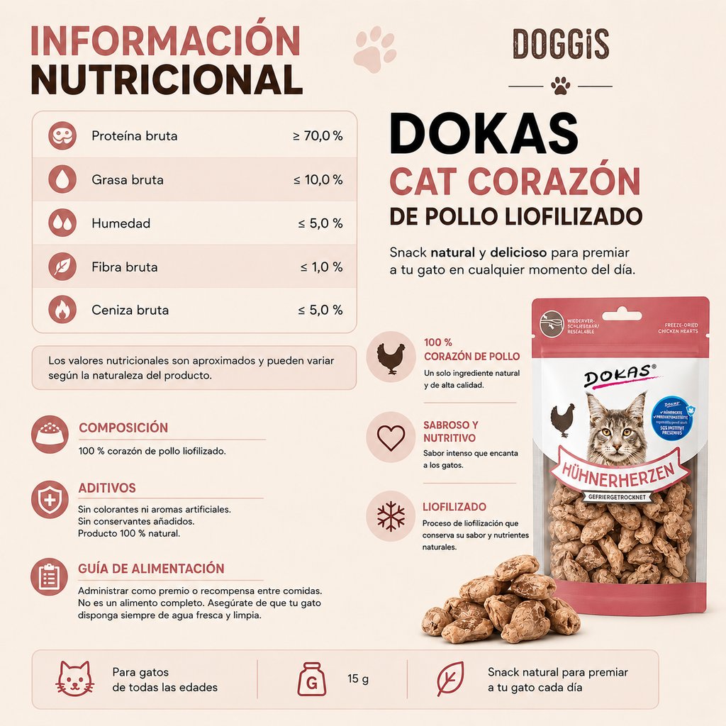 Dokas Cat Corazón de Pollo Liofilizado 15 g