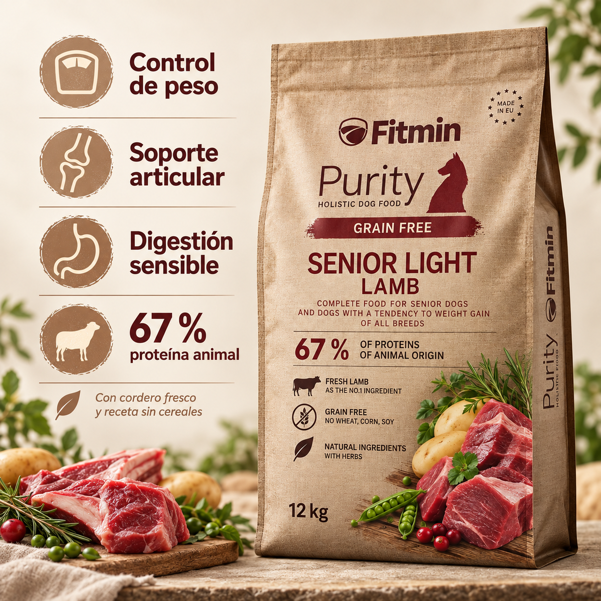 Fitmin Senior Light Lamb: control de peso, soporte articular, digestión sensible y 67 % proteína animal