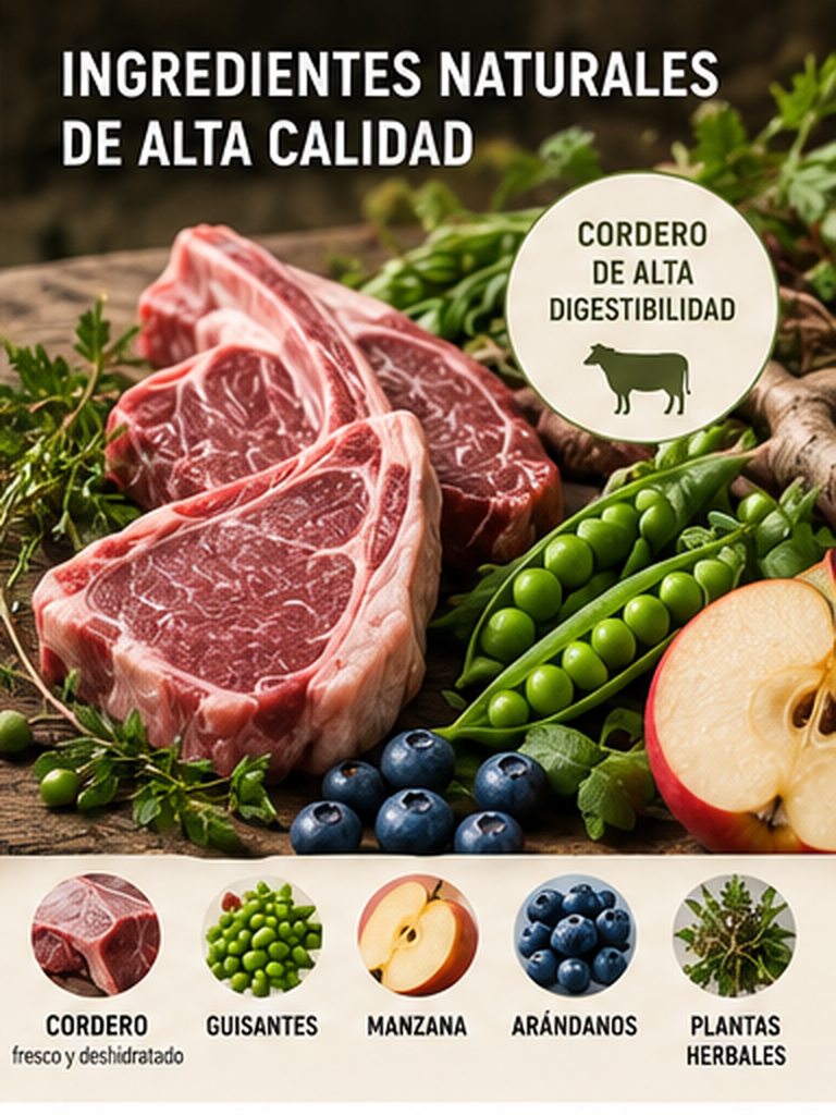 Ingredientes Fitmin Senior Light Lamb: cordero, guisantes, manzana y hierbas